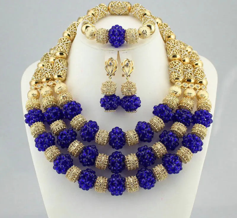 Blue Crystal Multi Layer Beads Necklace Jewelry Set