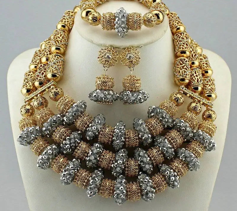 Silver Gold Crystal Multi Layer Beads Necklace Jewelry Set