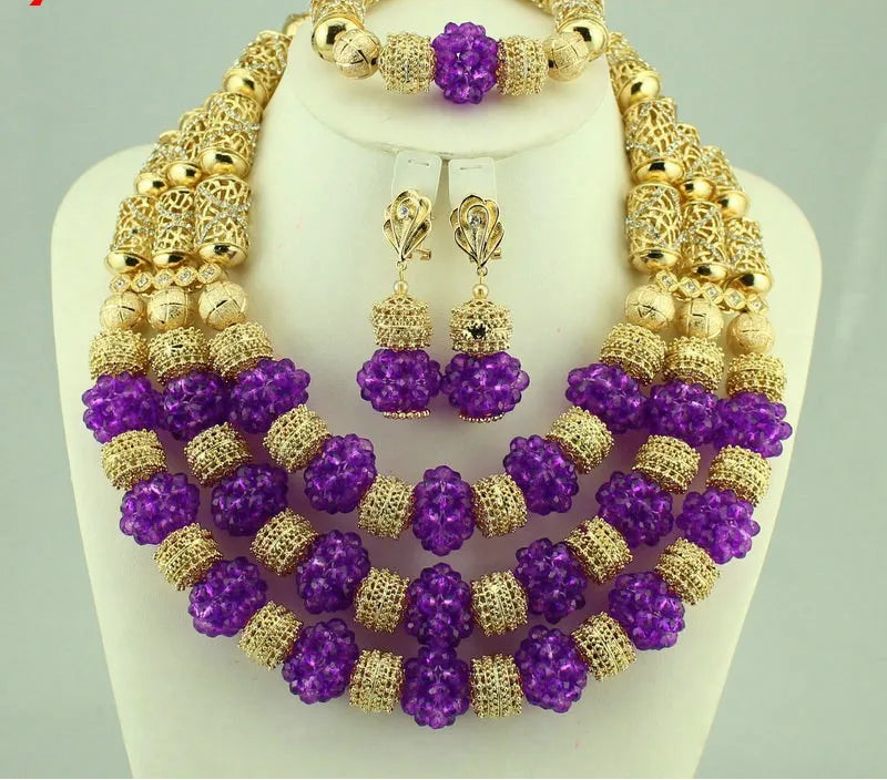 Purple Crystal Multi Layer Beads Necklace Jewelry Set