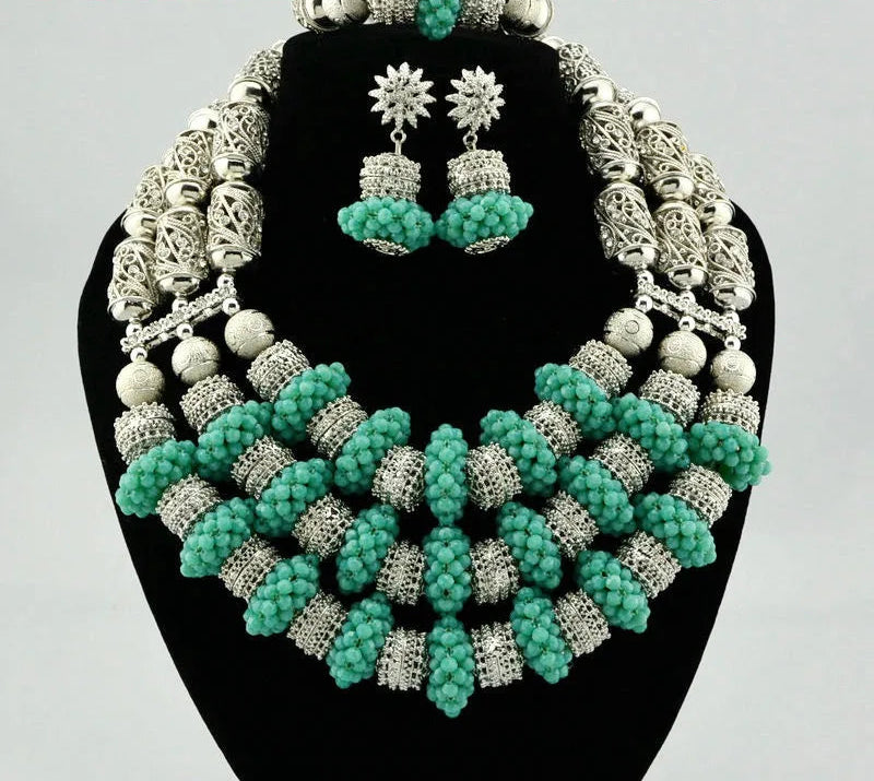 Silver Crystal Multi Layer Beads Necklace Jewelry Set