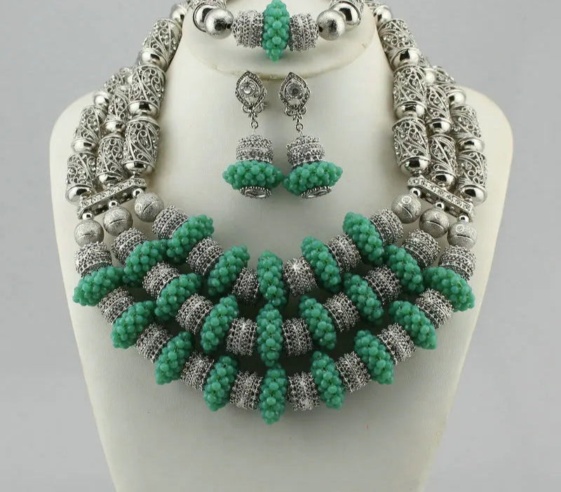 Silver Crystal Multi Layer Beads Necklace Jewelry Set