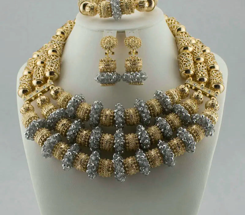 Gold Silver Crystal Multi Layer Beads Necklace Jewelry Set