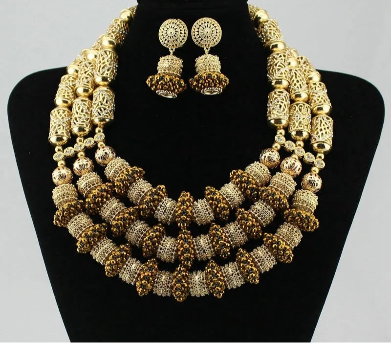 Gold Crystal Multi Layer Beads Necklace Jewelry Set