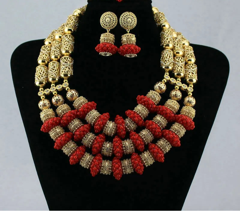 Gold Red Crystal Multi Layer Beads Necklace Jewelry Set