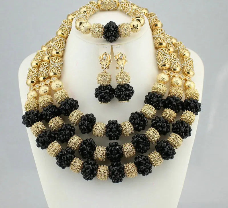 Black Gold Crystal Multi Layer Beads Necklace Jewelry Set