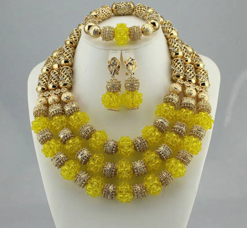 Yellow Gold Crystal Multi Layer Beads Necklace Jewelry Set