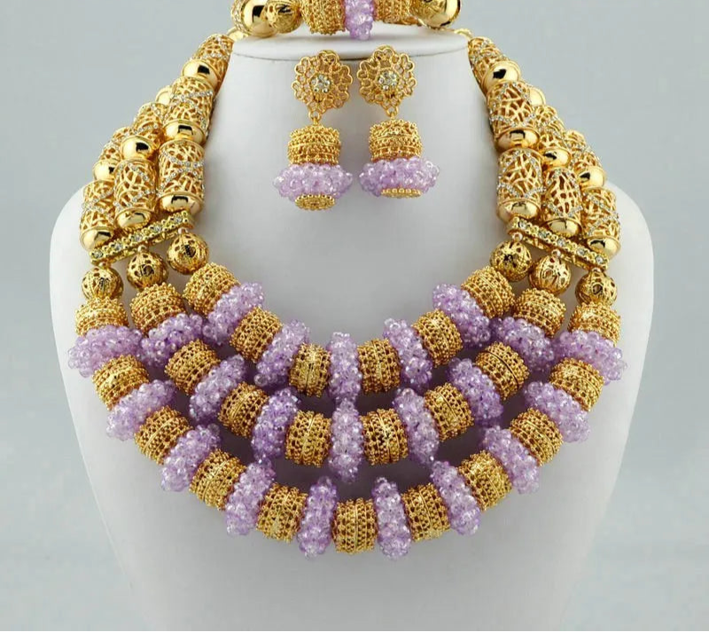 Purple Gold Crystal Multi Layer Beads Necklace Jewelry Set