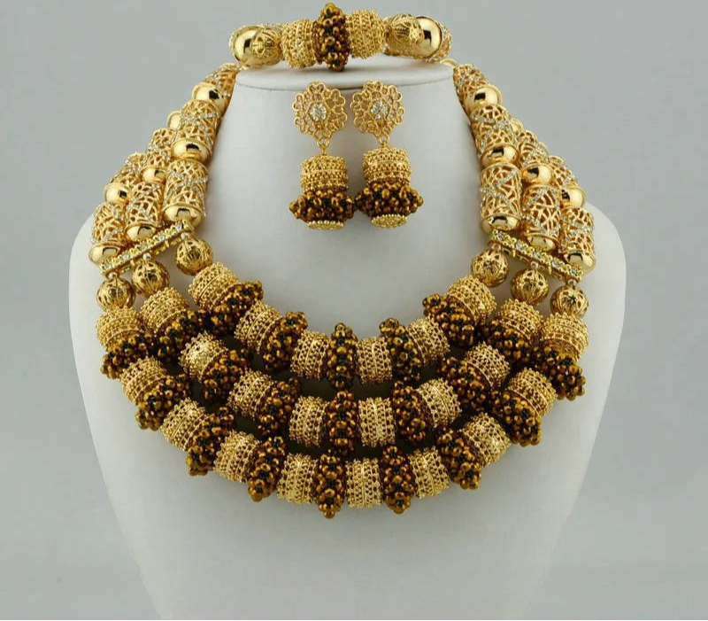 Brown Gold Crystal Multi Layer Beads Necklace Jewelry Set