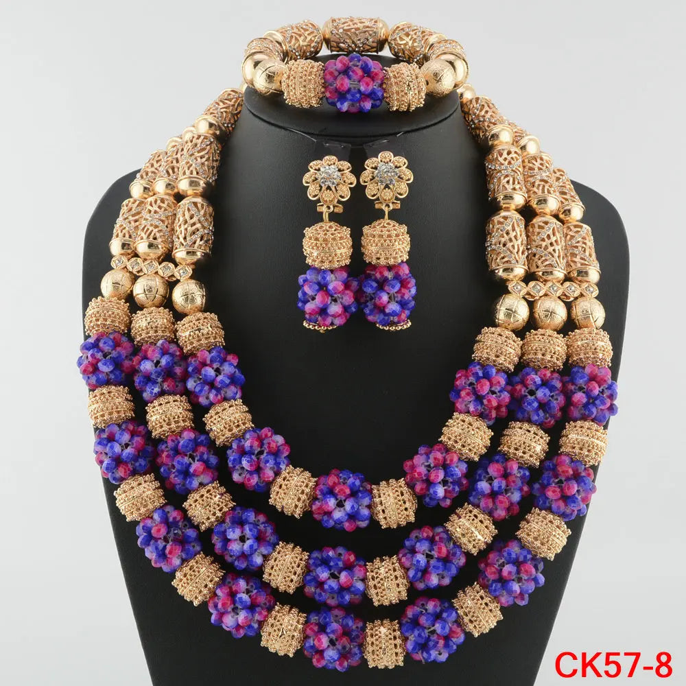 Pink blue Crystal Multi Layer Beads Necklace Jewelry Set