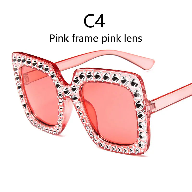 Pink lens Crystal Oversized Diamond Sunglasses