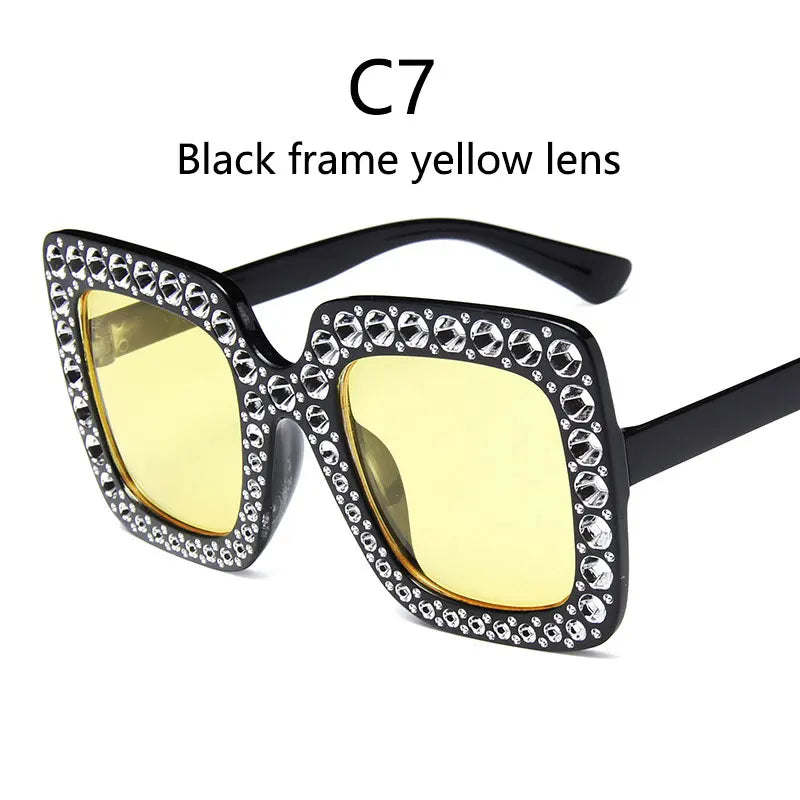 Yellow lens Crystal Oversized Diamond Sunglasses