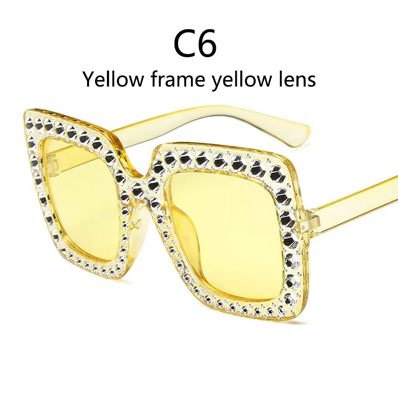 Yellow lens Crystal Oversized Diamond Sunglasses