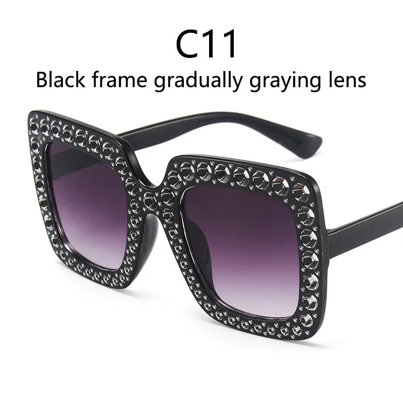 Gradient gray lens Crystal Oversized Diamond Sunglasses