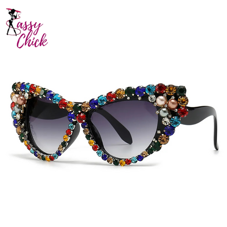 Crystal Rhinestone Cat Eye Sunglasses Sassy Chick Logo