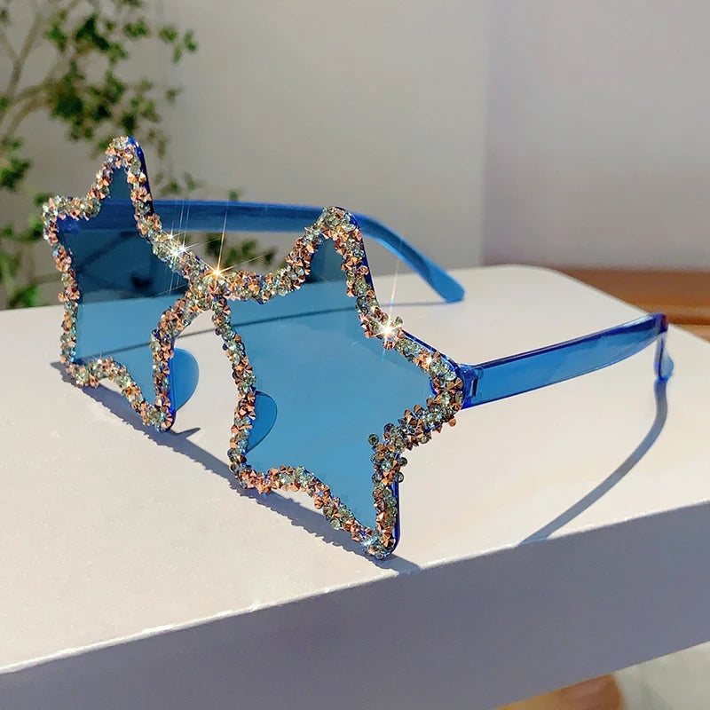 Blue Crystal Star Shape Rhinestone Shiny Sunglasses