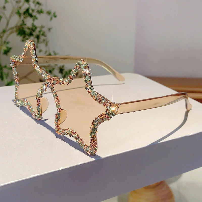 Beige Crystal Star Shape Rhinestone Shiny Sunglasses