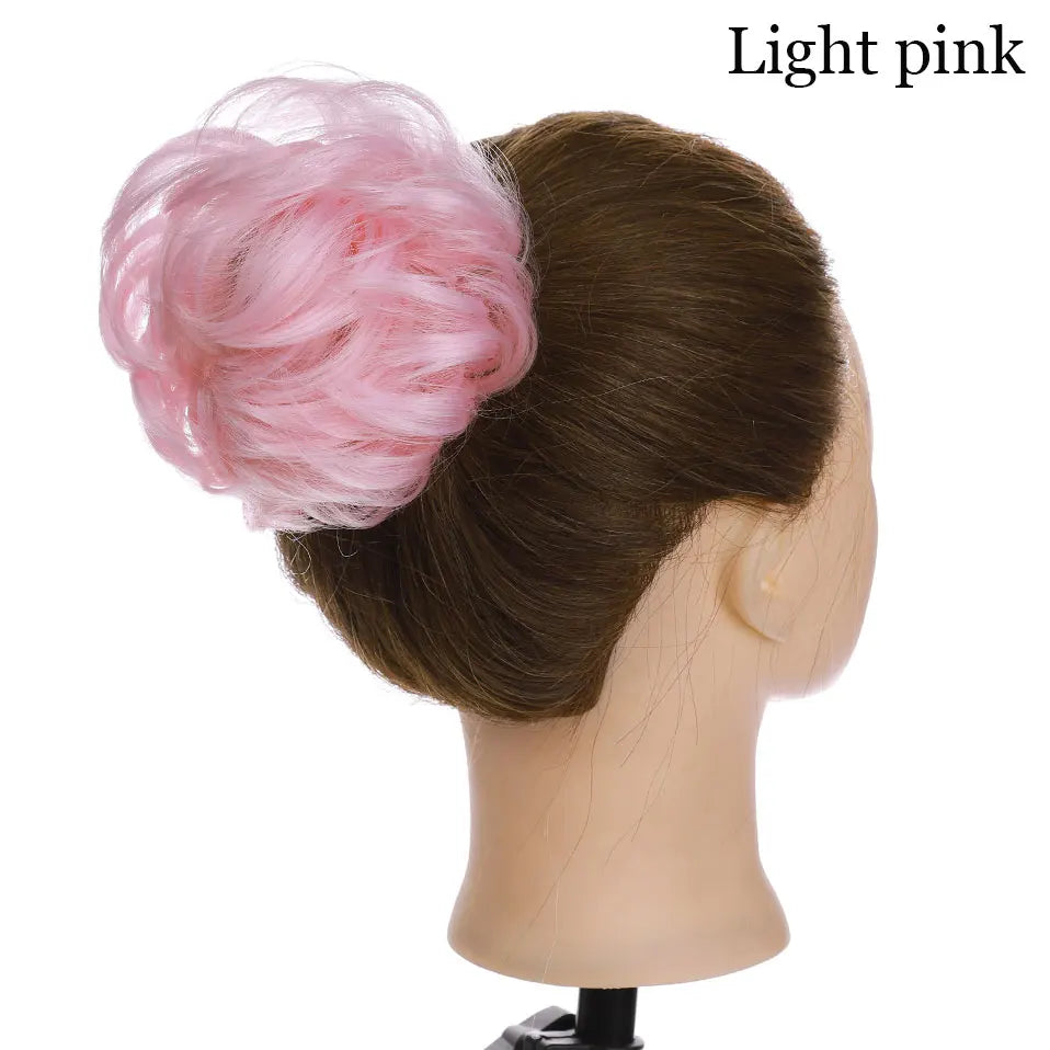 Curly Chignon Women Drawstring Ponytail Hairpieces Synthetic  Hair light pink