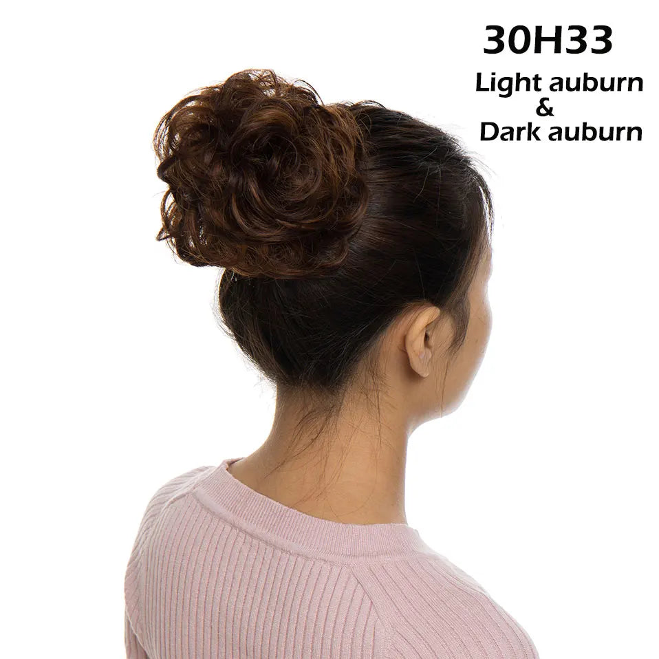 Curly Chignon Women Drawstring Ponytail Hairpieces Synthetic  Hair light auburn and dark auburn