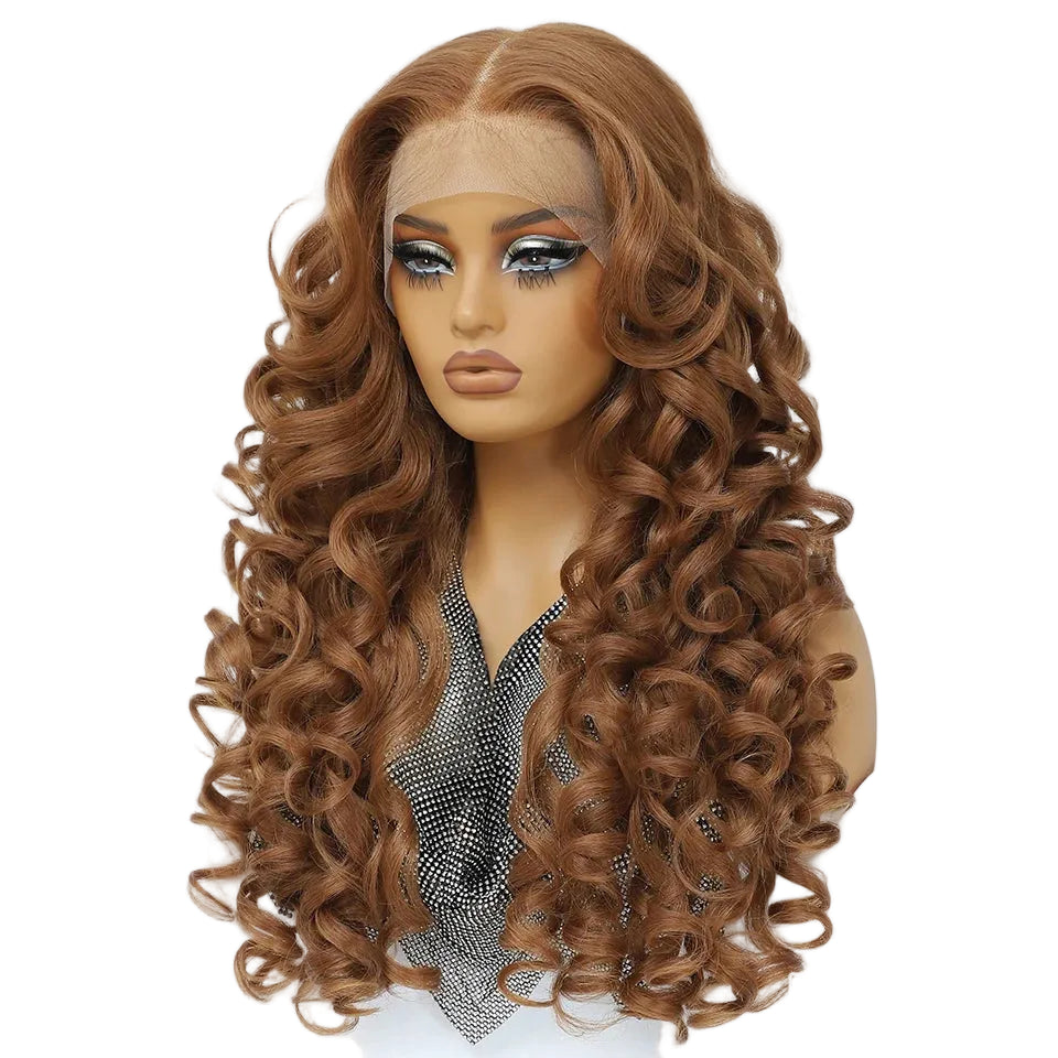 Light Brown Curly Lace Front with Bangs Synthetic Wig