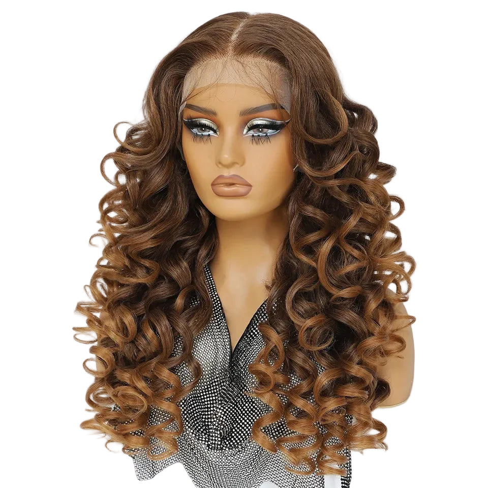 Brown Curly Lace Front with Bangs Synthetic Wig