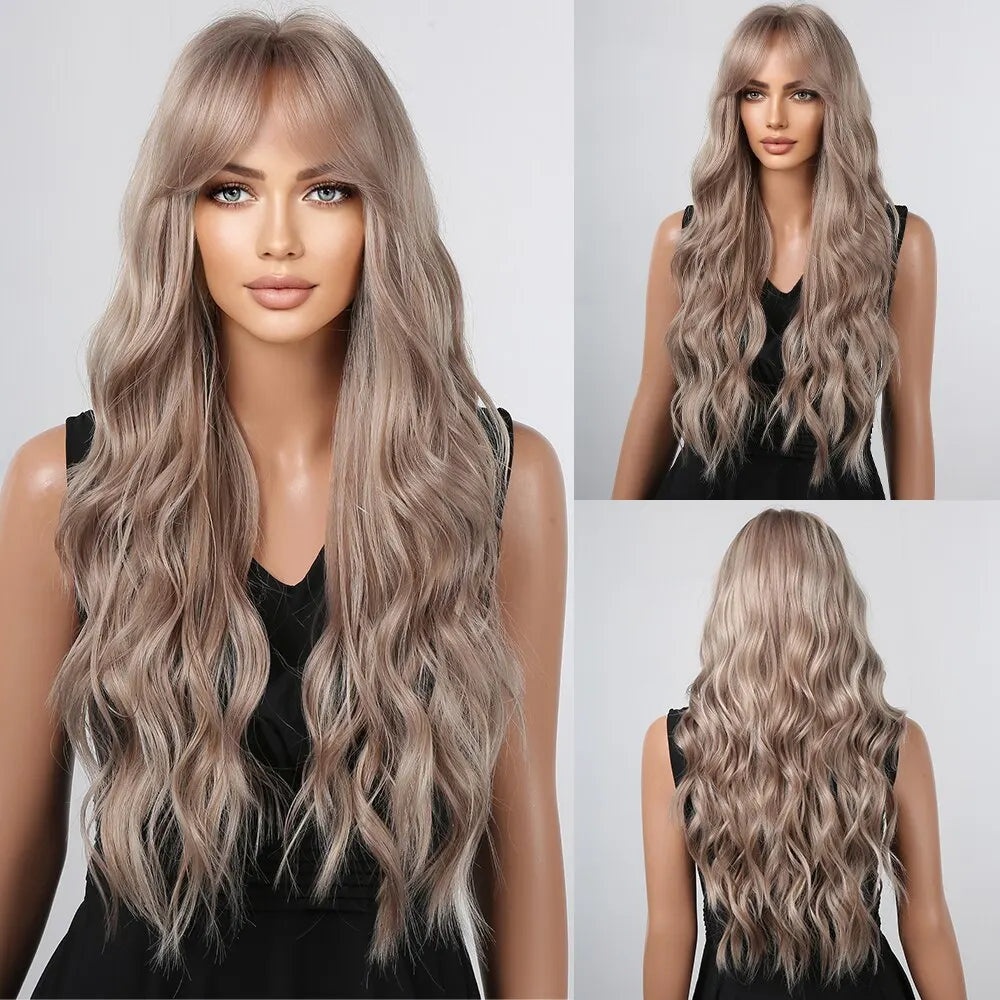 Ash Blonde Curly Long with Bangs Synthetic Wigs