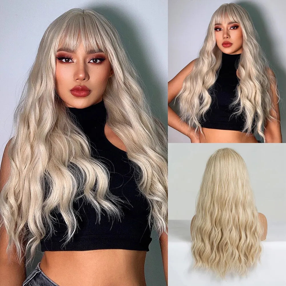 Blonde Curly Long with Bangs Synthetic Wigs