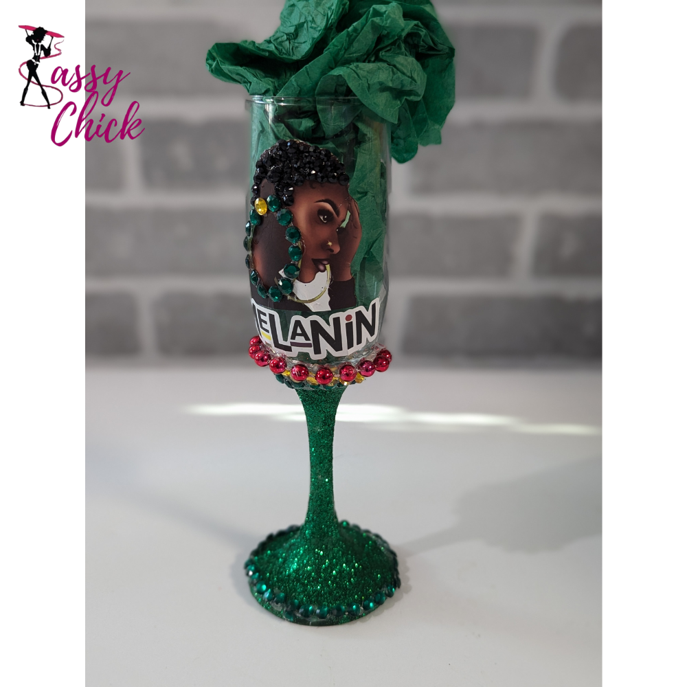 Custom Glitter Design Melanin Wine Glass Sassy Chick Logo