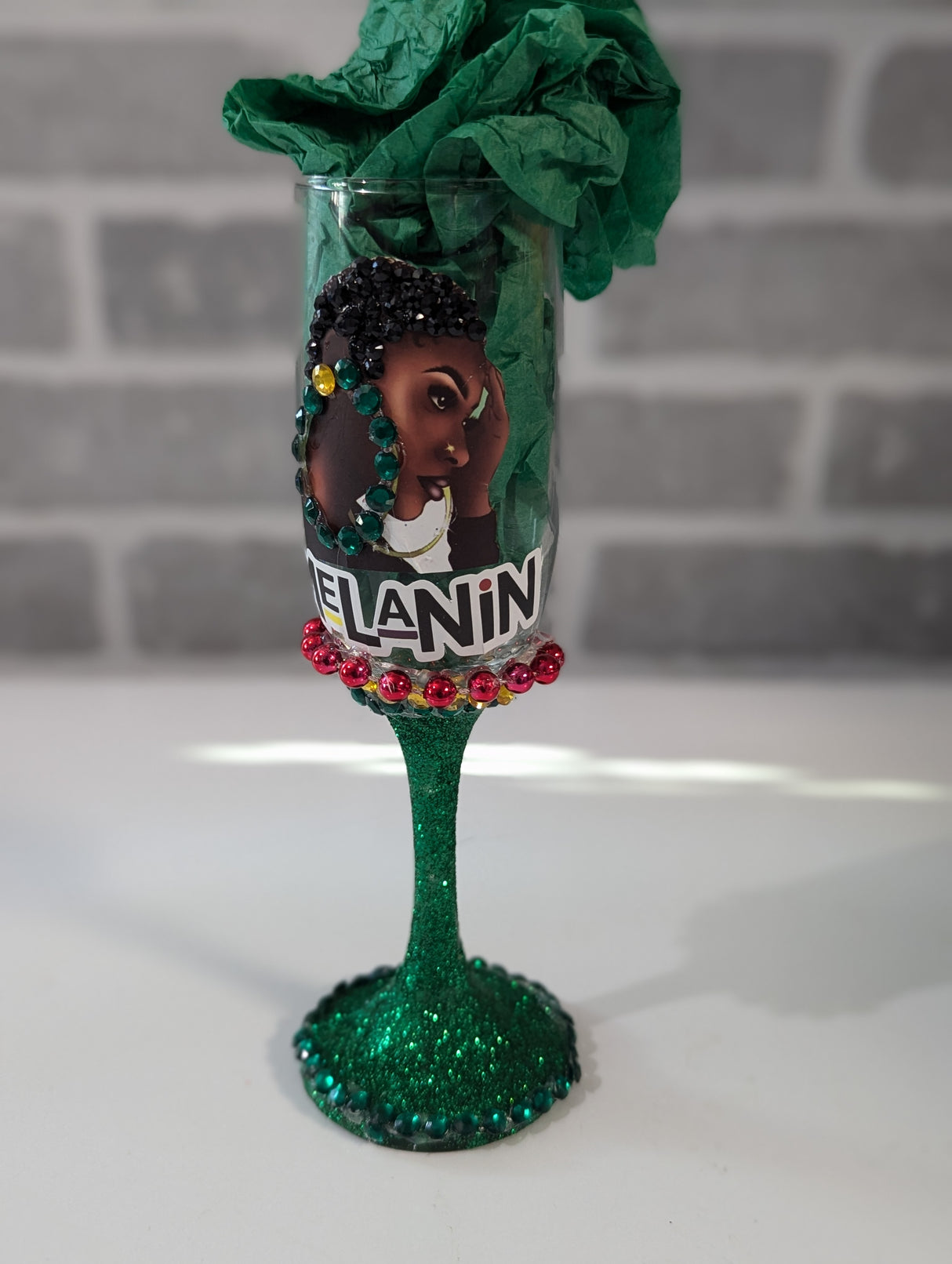 green Custom Glitter Design Melanin Wine glass