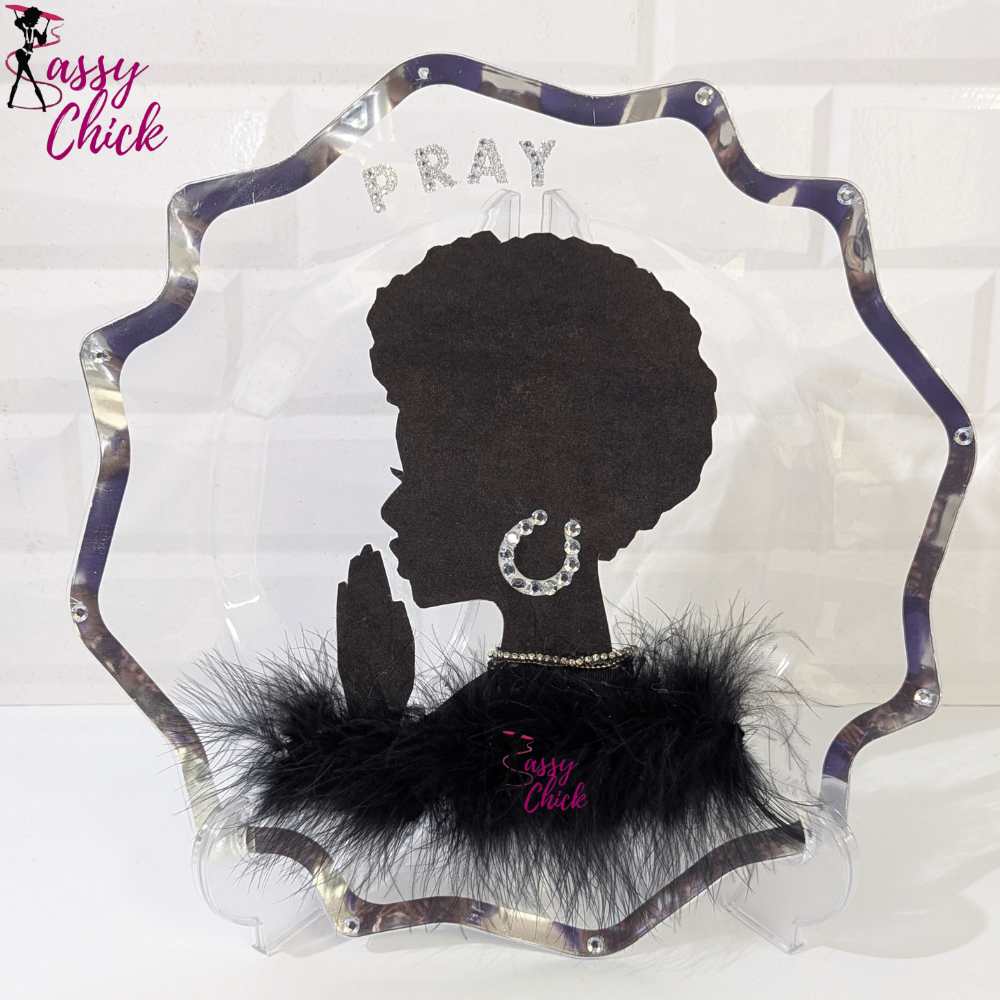 Custom Pray Silver and Black Display Charger Sassy Chick Logo