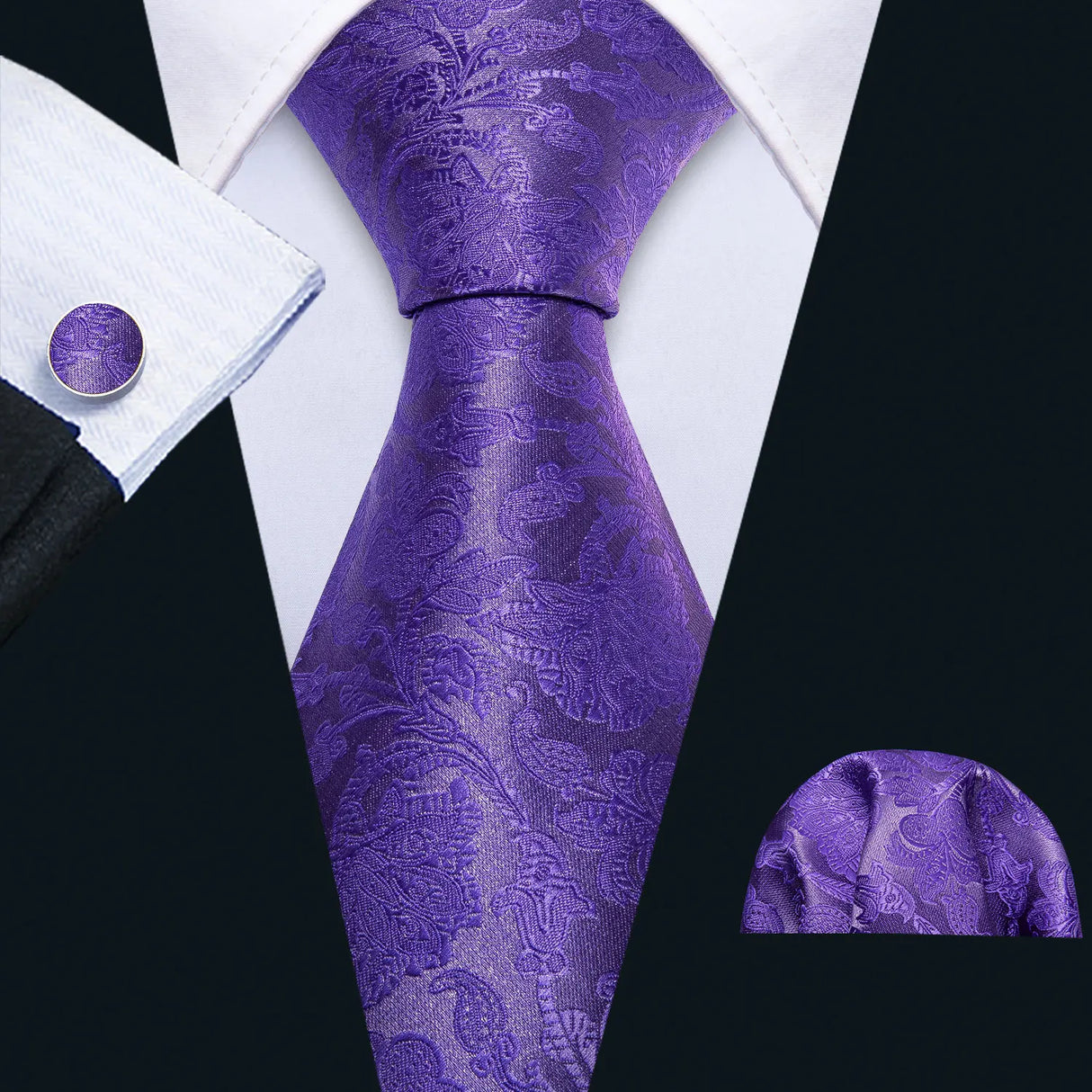 Dark Purple Silk Paisley Jacquard Handkerchief Cufflinks Necktie