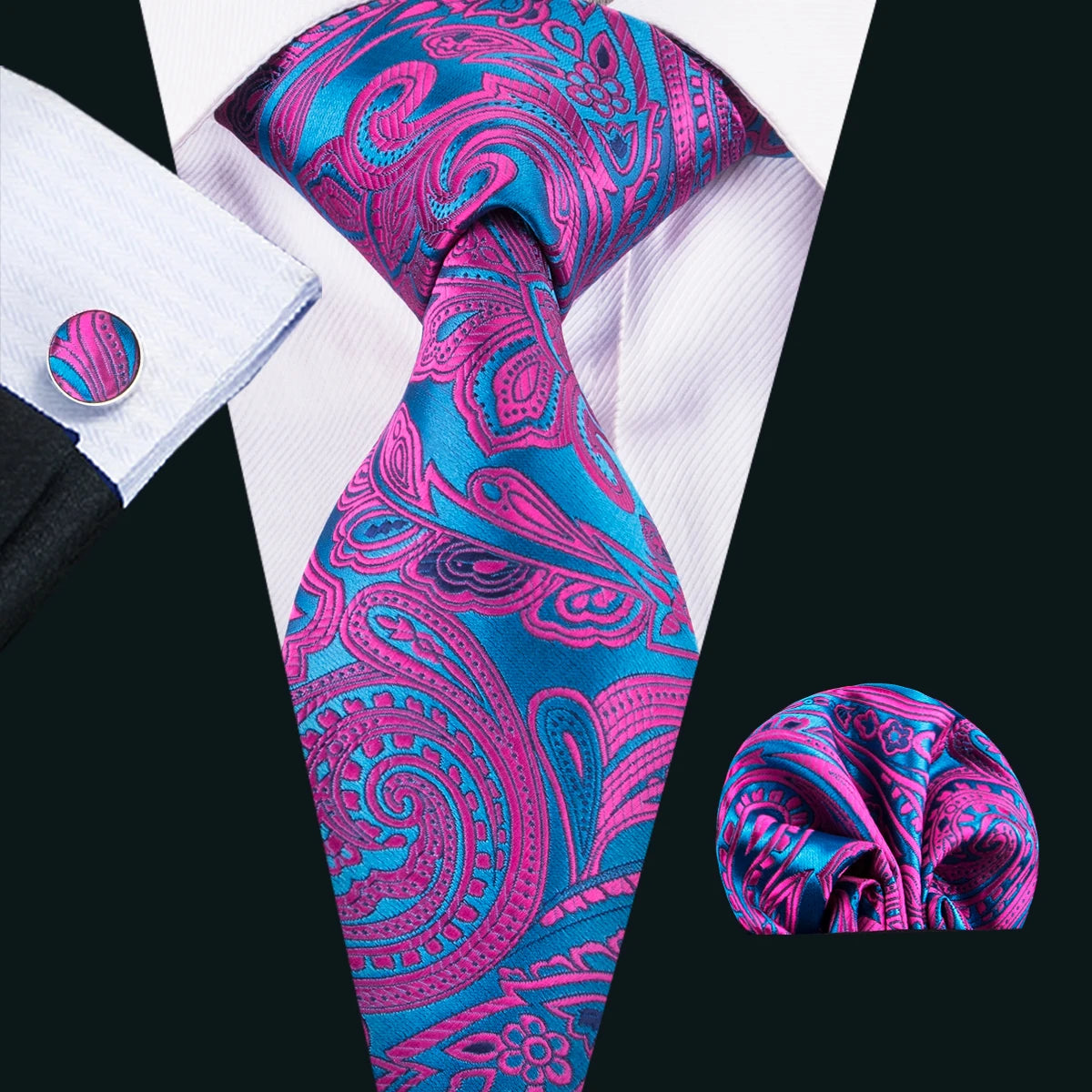 Dark Purple Silk Paisley Jacquard Handkerchief Cufflinks Necktie