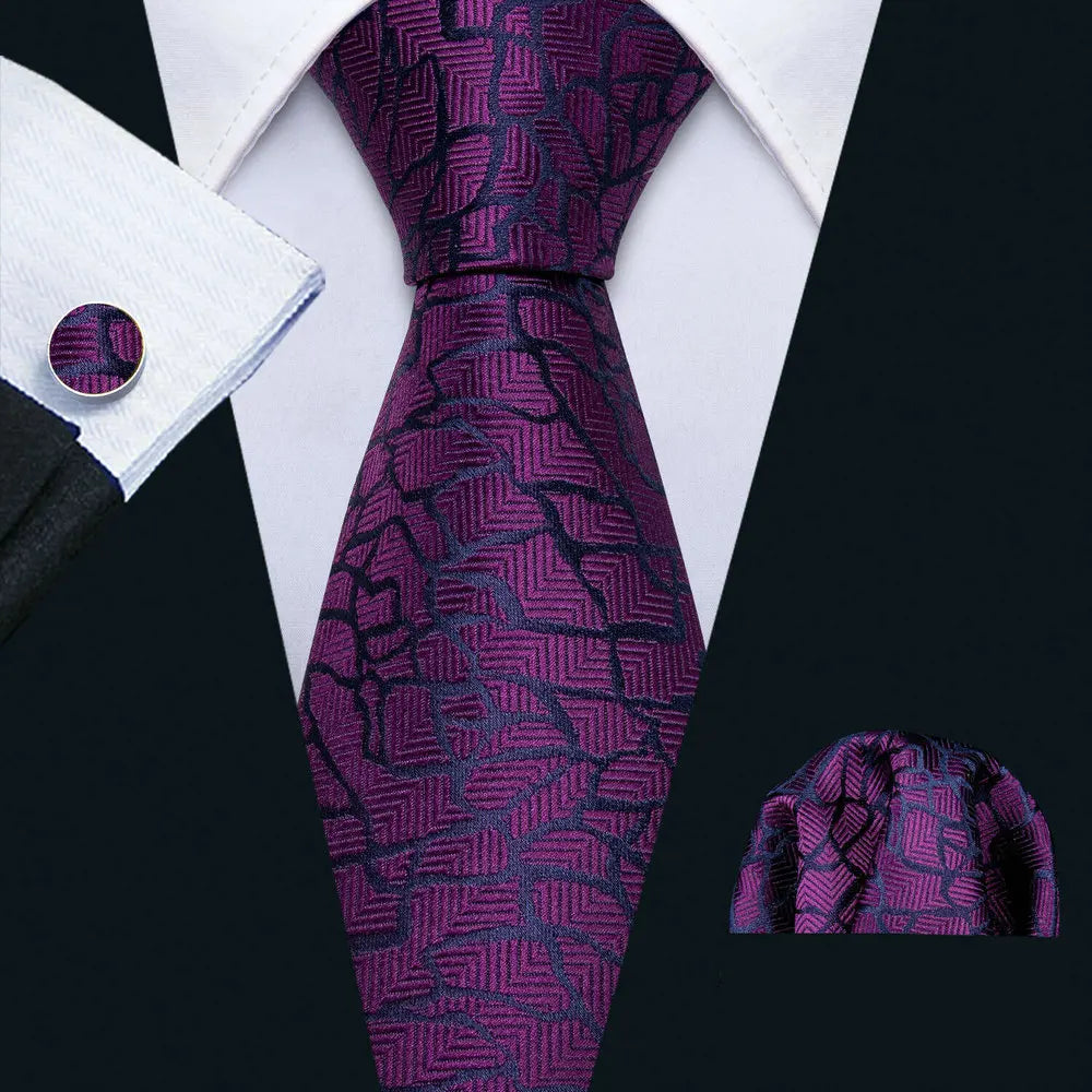 Dark Purple Silk Paisley Jacquard Handkerchief Cufflinks Necktie