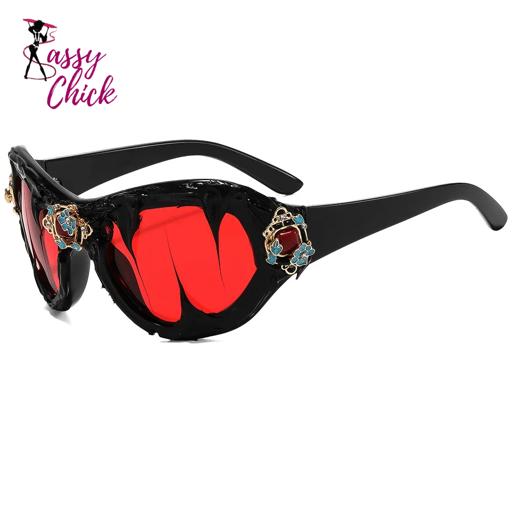 Dark Retro Gem Embellished Gothic Baroque Sunglasses Sassy Chick Logo