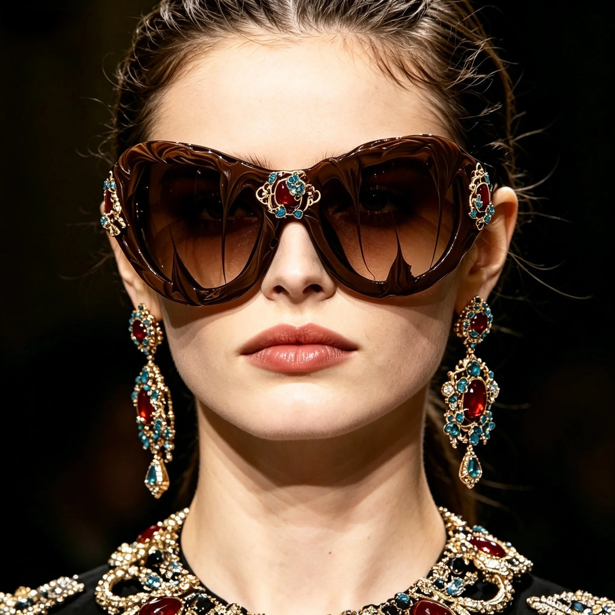Model Using Dark Retro Gem Embellished Gothic Baroque Sunglasses