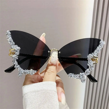 black lens Diamond Butterfly  Rhinestone Sunglasses