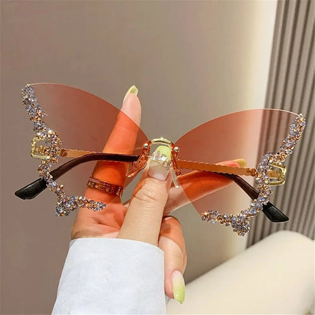 gradient pink Diamond Butterfly  Rhinestone Sunglasses