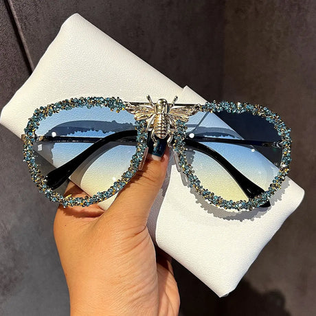 blue Diamonds Retro Metal Large Frame Sunglasses