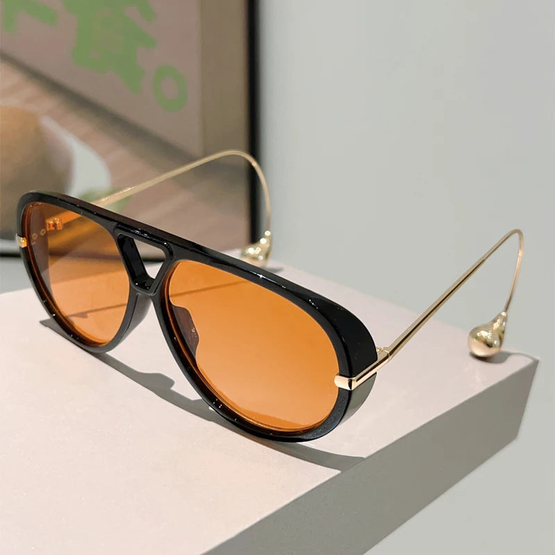 black Double Bridge Oversized Pilot Sunglasses