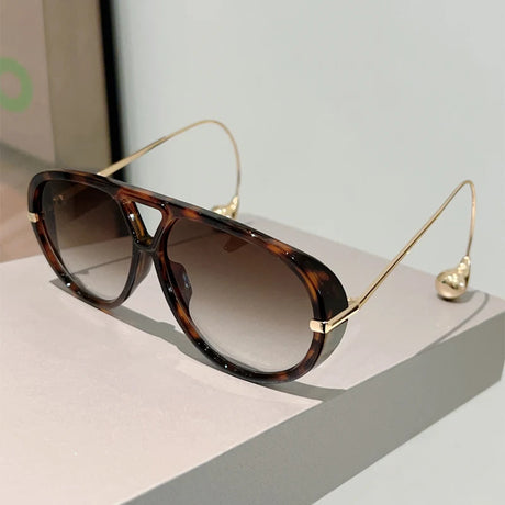 leopard Double Bridge Oversized Pilot Sunglasses