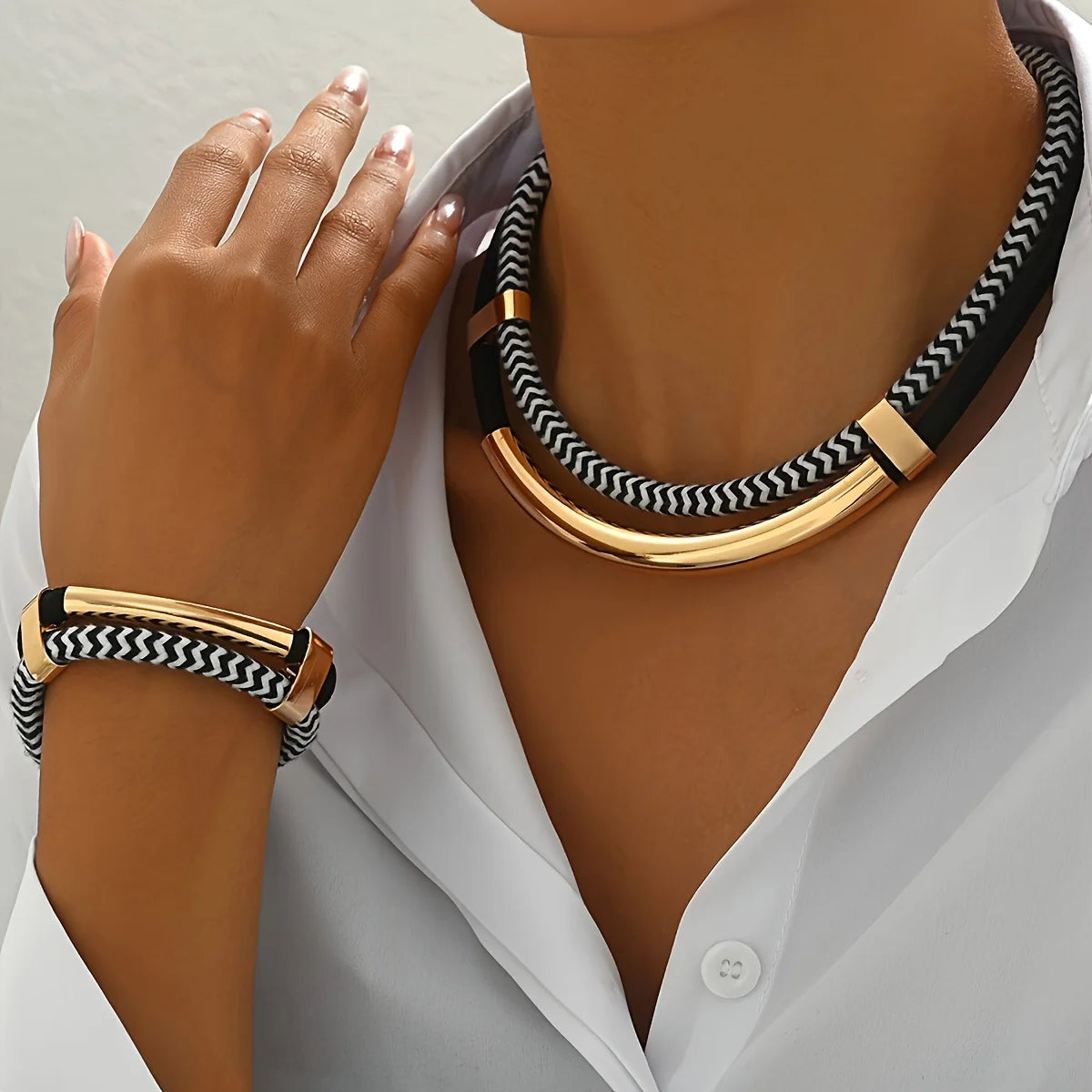 Model using Double Line Metal Tube Necklace and Bracelet