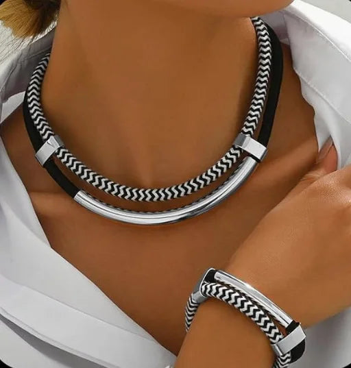 Silver Double Line Metal Tube Necklace and Bracelet