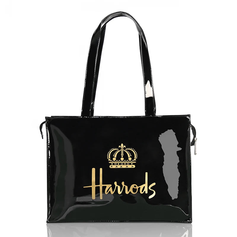 harrod crown gold printed in black tote bag