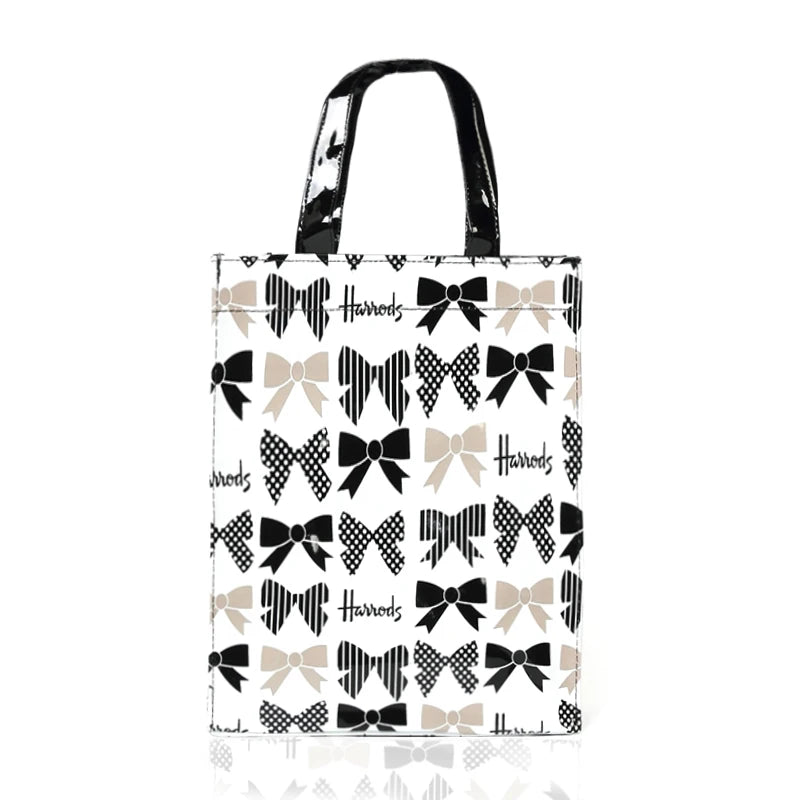 white bag black strap, ribbon printed design