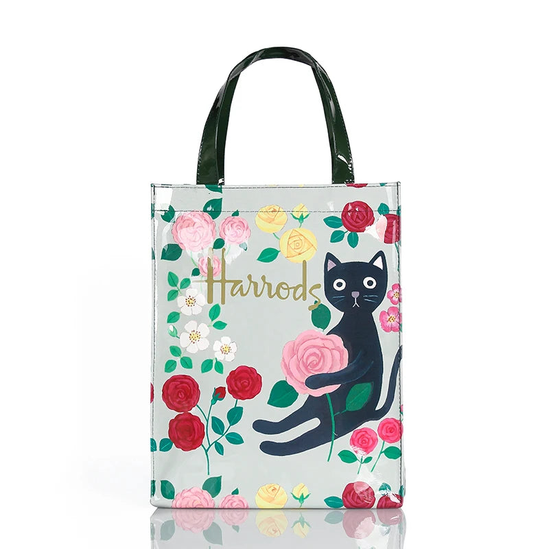 roses and cat printed design silver tote bag