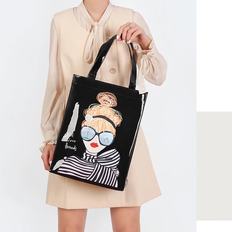 model with black bag, girl face printed