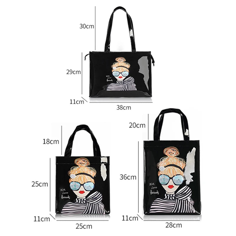 3 same black bags with girl face printed, but 3 different size of bag