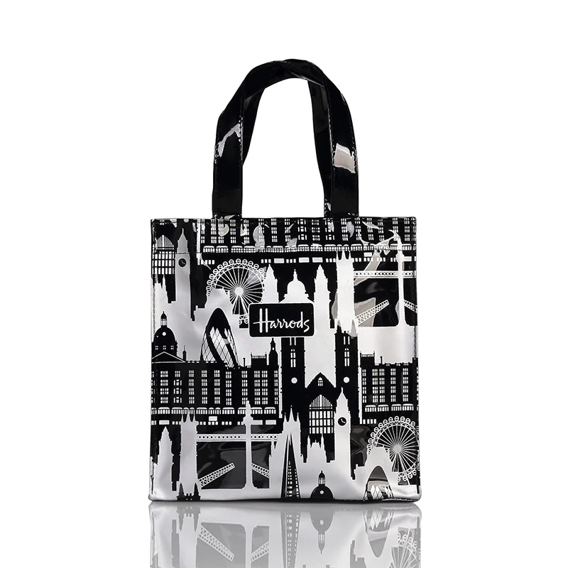 silver printed desing black tote bag
