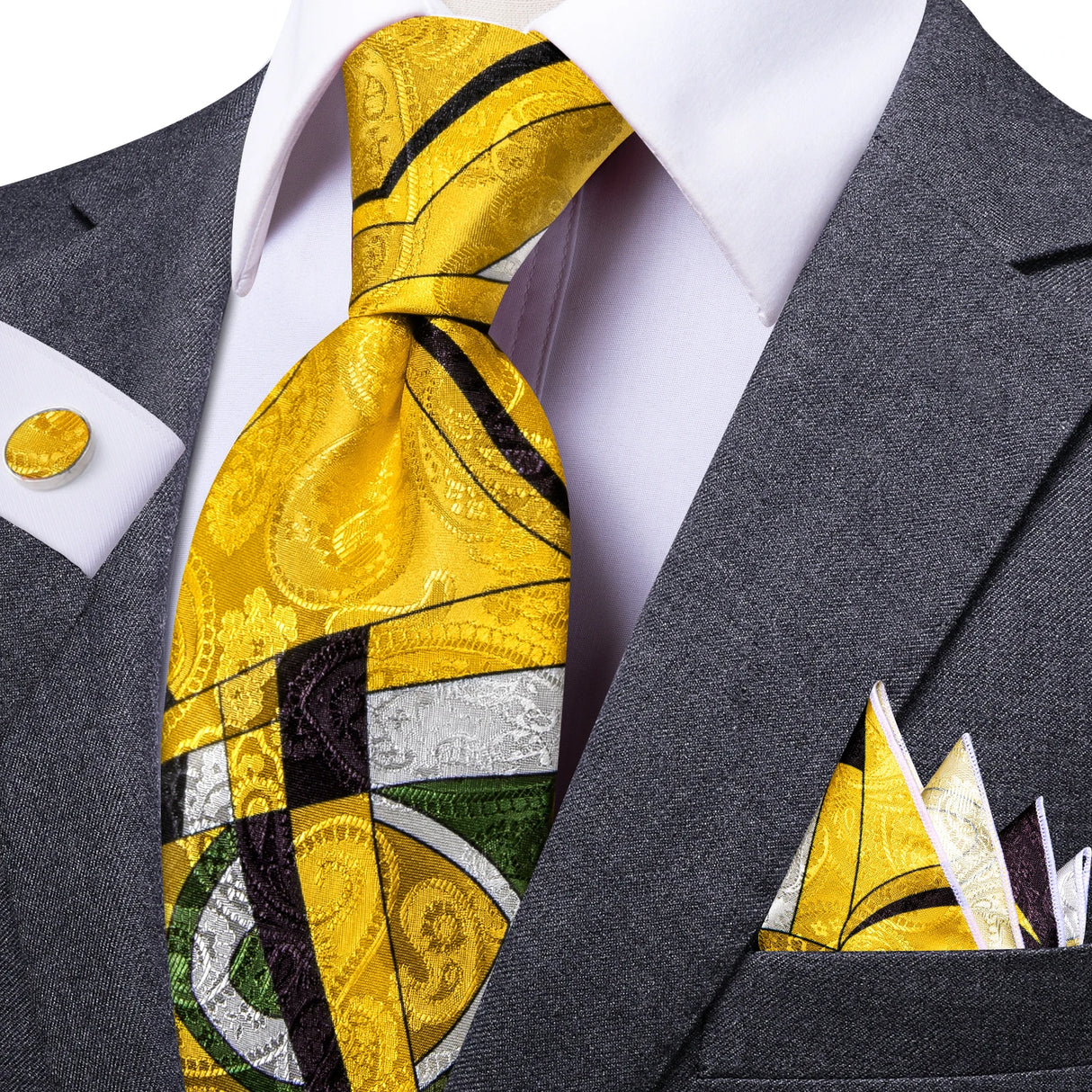 Gold Elegant 8.5cm Men's Handkerchief Cufflinks Tie Set