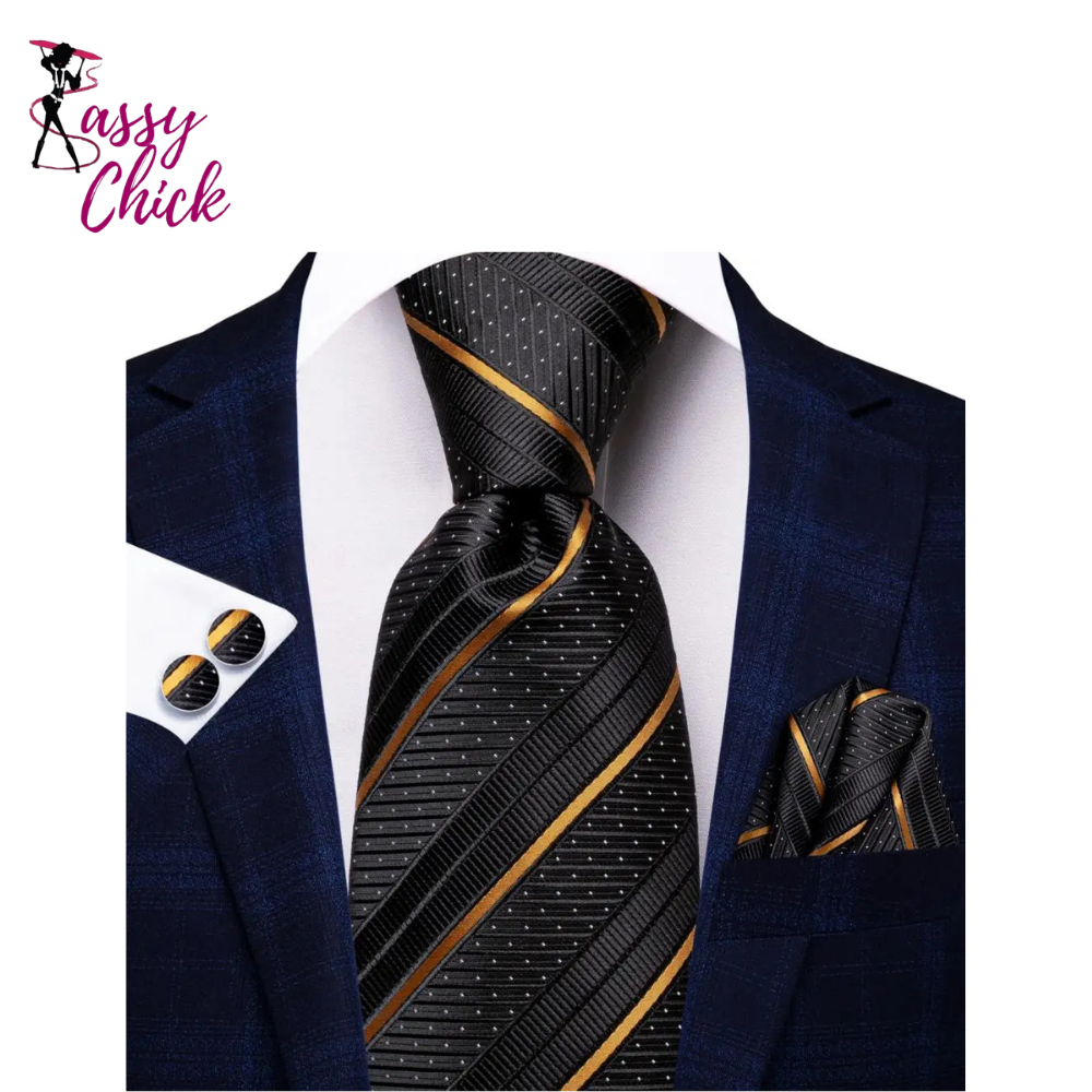 Elegant Black Silk Hanky Cufflink Tie Sassy Chick Logo