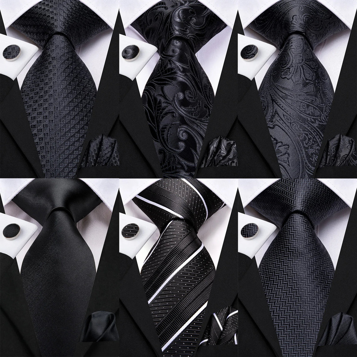 Collection of Elegant Black Silk Hanky Cufflink Tie